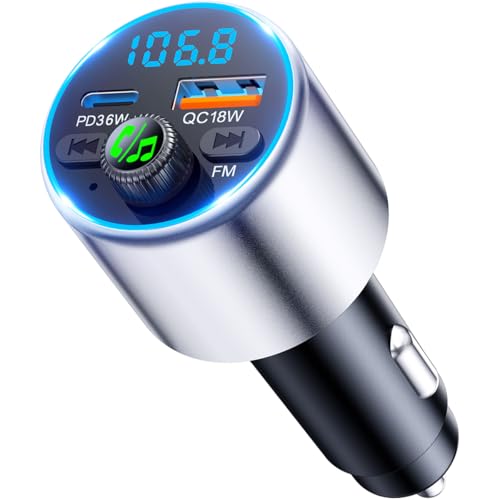 EOIWUY Transmissor FM Bluetooth carro 5,3 melhorado, [carregamento rápido] carregador isqueiro carro com potente PD36W & QC3.0, [som hi-fi cristalino] adaptador Bluetooth carro música conector mãos