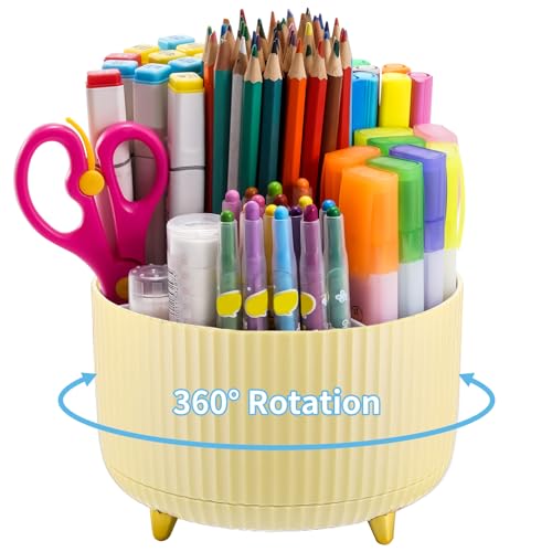 Marbrasse Organizador de secretária, porta-canetas de mesa rotativo de 360 graus, organizador de lápis com 5 compartimentos para escritório e casa (amarelo)