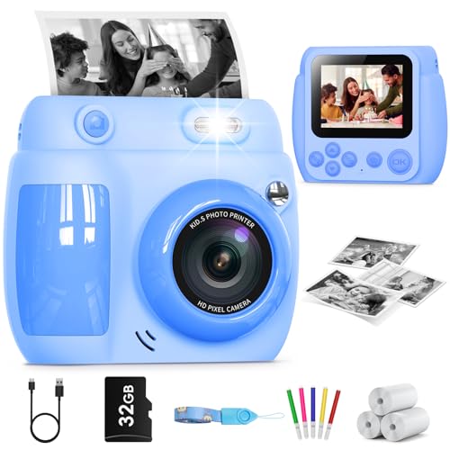 Gofunly Câmara com fotos infantis instantâneas, 2,4 polegadas 1080P HD câmara fotos infantis com cartão de 32 GB e papel fotográfico, brinquedo câmara instantânea presentes para meninos e meninas de