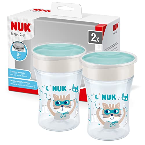 NUK Magic Cup copo anti-derrame para bebé, borda à prova de derrames de 360°, +8 meses, sem BPA, 230 ml, gato (turquesa), 2 unidades
