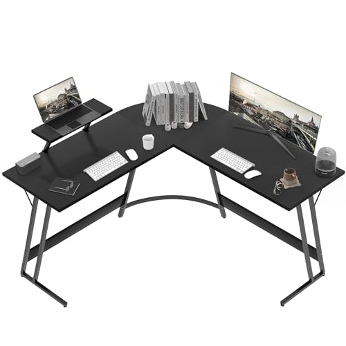 Devoko Secretária de jogos de canto, 130 x 130 cm, mesa Gamer em forma de L com suporte para monitor, gancho para auriculares, para estúdio, escritório, jogo, quarto (preto)