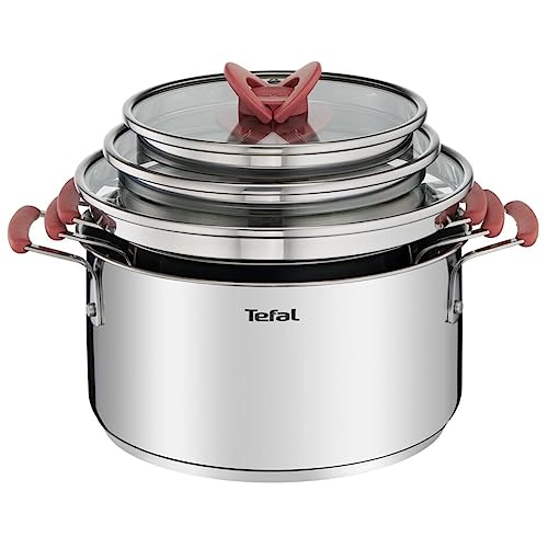 Tefal Optispace Conjunto de 3 panelas de 18/20/24 cm + 3 tampas, indução, thermo-fusão, marcas medição, máquina de lavar louça e forno, aço inoxidável