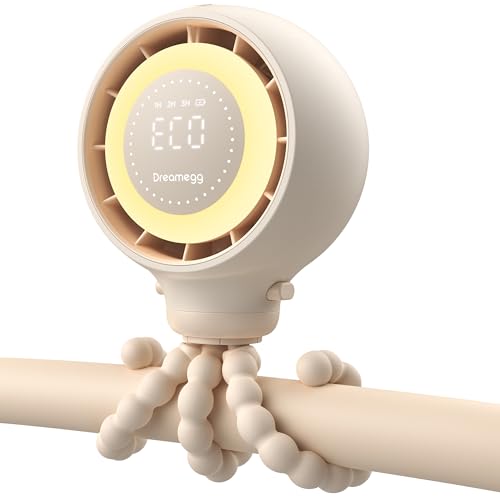 Dreamegg Ventoinha carrinho bebé ecrã LED inteligente, clipe destacável de 360°, 4 velocidades de vento, 2 luzes de noite, ventilador portátil USB recarregável 4000 mAh, Camper Vaneta acessórios