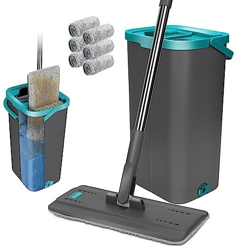 Masthome Conjunto de esfregona com balde, esfregona com 6 almofadas de microfibra e cabo de aço inoxidável de 148 cm, balde de limpeza com esfregona para madeira dura, mármore, azulejos, limpeza de