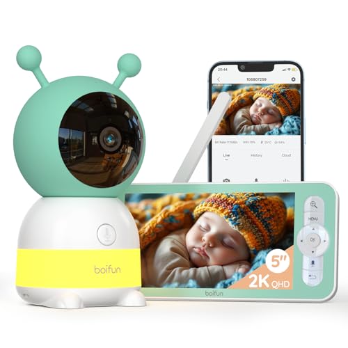 BOIFUN 2K Câmara de vigilância para bebé, luz de presença infantil, telemóvel e monitor de 5", monitorização de movimento, rastreamento automático 360°, alarme de área personalizada, zoom 4X, material