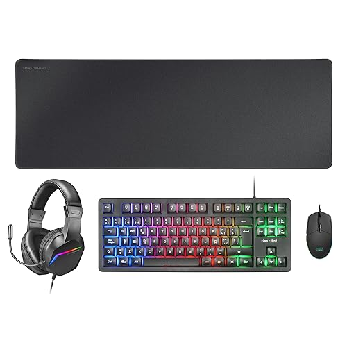 PACK TECLADO MOUSE HEADSET e tapete MARS GAMING MCP-RGB3 BLACK TECLADO TKL H-MECH RED MOUSE RGB FLOW 3200DPI HEADSET FRGB ANC tapete XXL