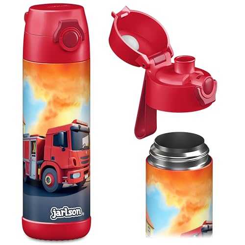 Jarlson® MALI Garrafa de água para crianças, térmica, de aço inoxidável, sem BPA, à prova de fugas, garrafa para crianças com tampa, garrafa para escola, creche (bombeiros vermelhos, 500 ml)