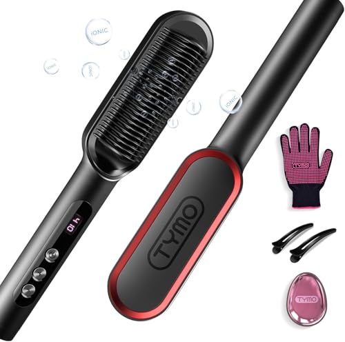 TYMO Escova de alisamento de cabelo, RING PLUS escova de passar iónico, 9 temperaturas, 120 °C-210 °C, ecrã LED, anti-encolhimento, voltagem dupla, Hair Straightener Brush, preto