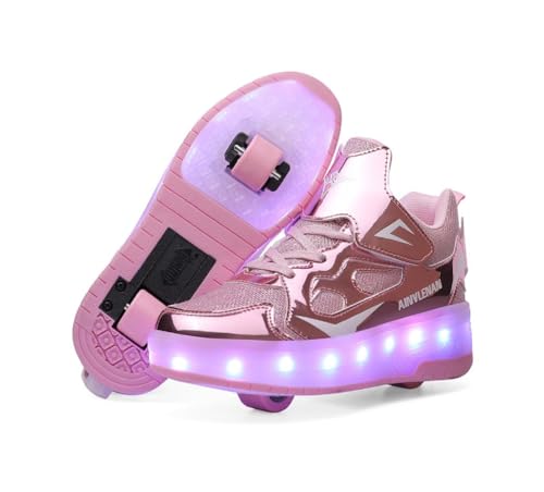Sapatilhas para crianças, sapatilhas de skate com duas rodas, luz ajustável com mudança de cor, carregamento USB, universais para meninos e meninas, preto, rosa, ouro, prata, branco 27-40 EU.