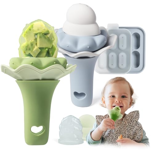 Moonkie chupeta de frutas para bebés com bandeja de congelação, 2 peças, a partir dos 4 meses, bolsa de dois tamanhos, alça com chocalho, silicone sem BPA