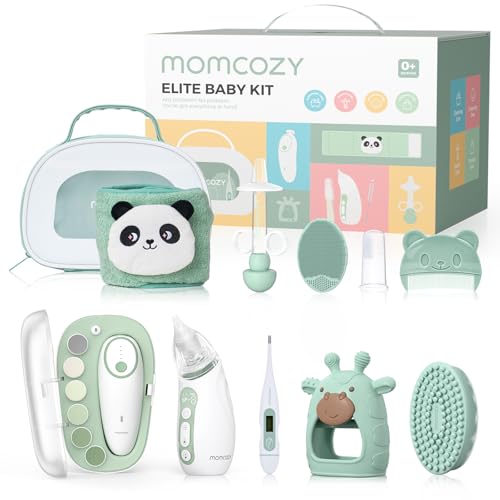 Momcozy Elite Baby Kit, Superior Dift Set for Grooming & Health & Cleansing, inclui Electric Nail File & Nasal Aspirator, Heated Tummy Wrap, Thermometer, Bath Brush, Teether, Medicine Pacifier, Case