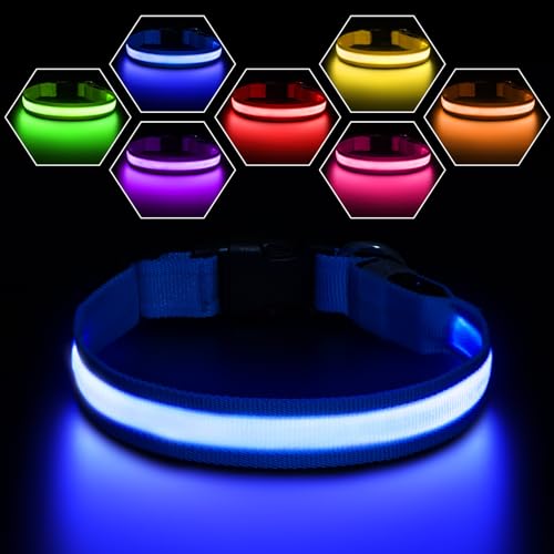 PcEoTllar Coleira de luz recarregável para cão, coleira LED impermeável com 7 cores ajustável para cães pequenos, médios e grandes