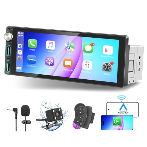 Rádio de carro Bluetooth 1-DIN com CarPlay e Android Auto, com reprodutor de ecrã táctil de 6,9 polegadas, Mirror Link/RDS rádio FM/USB/tipo-C/microfone/câmara de marcha atrás/controlo remoto.