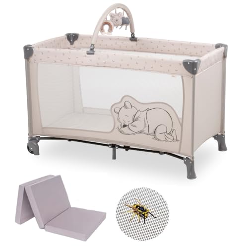 hauck Dream N Play Go Set de berço de viagem com colchão e mosquiteira, parque infantil bebé com arco, cama bebé viagem Disney, Winnie The Pooh Rainbow, bege