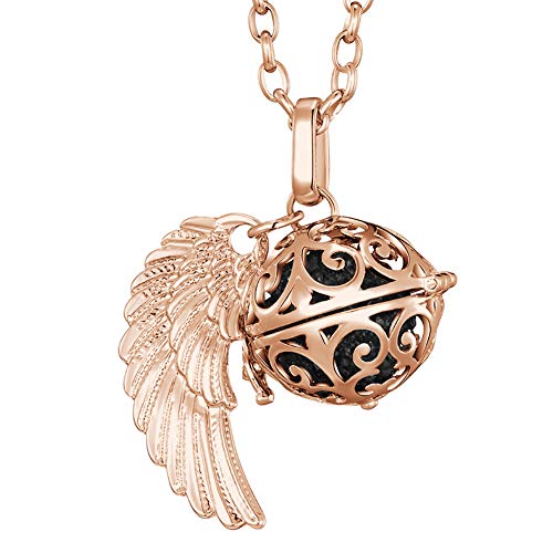 Morella Colar anjo da guarda em aço inoxidável ouro rosa 70 cm com pendente asas de anjo e bola de ressonância de zircónia 16 mm para senhoras em saco para jóias