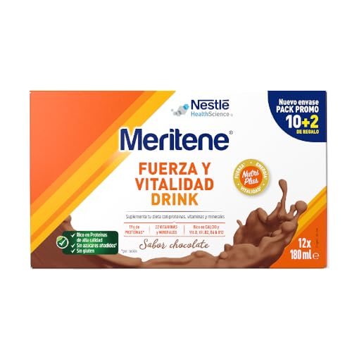Meritene | Força e vitalidade Drink | sabor de chocolate, pronto a tomar | Força para os seus músculos, Vitalidade para si, Batido com proteínas, vitaminas e minerais, 12 unidades x 180 ml