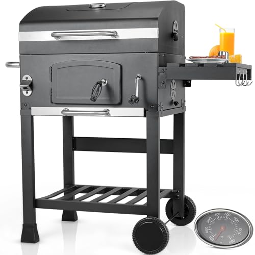 Churrasco carvão com tampa, XL BBQ Smoker, grelha com carrinho, com rodas e termómetro, grande BBQ Carbon para acampamento e jardim, 102 x 104 x 54,5 cm