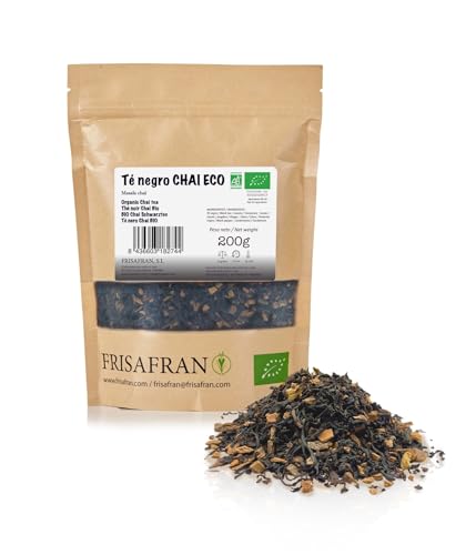FRISAFRAN Chá preto chai ecológico em massa 200 g | antioxidante | energizante, anti-inflamatório, chá preto chai Detox | chá descafeinado | chá de canela | chá bio, natural | sem aditivos, chá de
