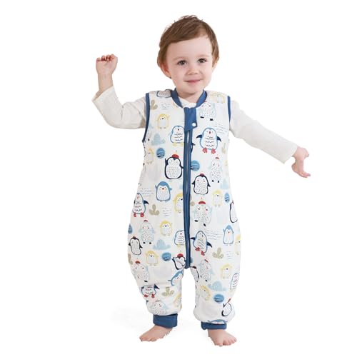 MIKAFEN Saco de dormir de inverno para bebé, 100% algodão, saco de dormir para crianças 2,5 TOG com pernas, 105-115 cm/4-5 anos, pinguim azul