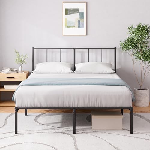 Zinus Cama Justin 135 x 190 cm, sótão de metal com cabeceira, altura de 30 cm, cama com estrado de metal - fácil montagem - espaço de armazenamento debaixo da cama, design moderno - preto