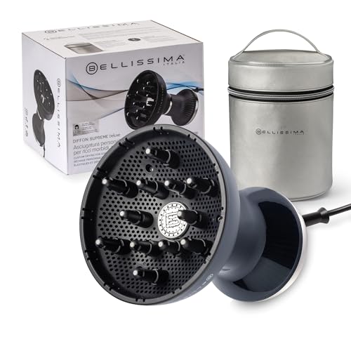 Bellissima Diffon Supreme Deluxe, difusor de ar quente para cabelos encaracolados, tecnologia cerâmica e queratina, difusor XL, 3 temperaturas e ionizador, secagem suave, saco de beleza, preto e prata