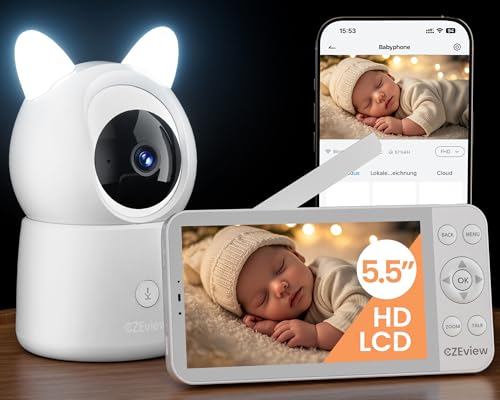 CZEview 5,5" 2K câmara de vigilância para bebé, 360° PTZ monitor para bebés com câmara, deteção de movimento e gritos, áudio de 2 vias, visão noturna, controlo de monitor e telemóvel