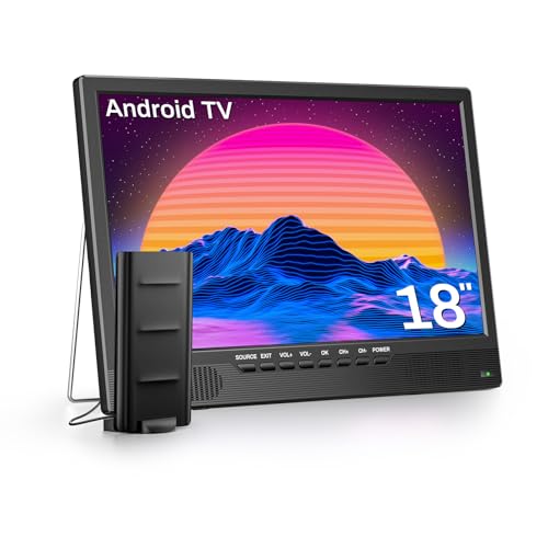 Smart TV Android de 18 polegadas, Desobry televisão portátil pequena com DVB-T2 e antena, entradas HDMI AV e USB, TV 12 V ideal para auto-caravanas, quartos, cozinhas, acampamentos e veículos
