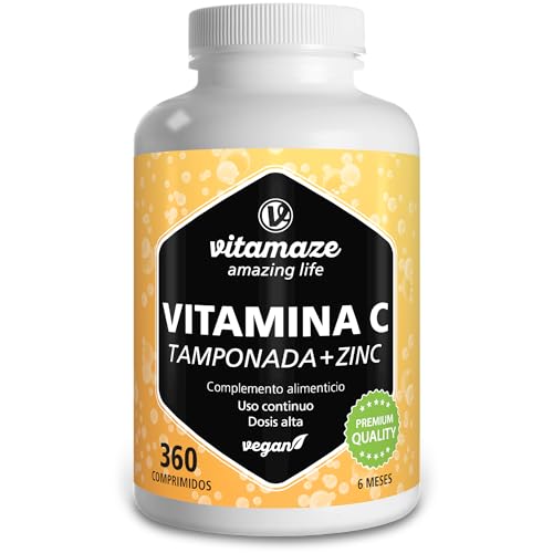 Vitamina C Fácil de Digestão e Absorção Tamponada 1000 mg por dia + zinco, 360 comprimidos com ascorbato de cálcio, vegano, reduzem a fadiga e fortalecem o sistema imunitário