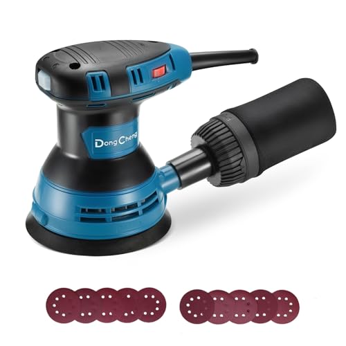 DongCheng Lixadeira orbital aleatória 300 W, 125 mm, 6 velocidades, 4.000 - 12.000 rpm com coletor de pó e 10 lixas, ideal para projetos de carpintaria e bricolage