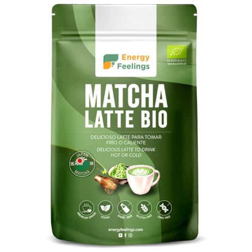 Energy Feelings Matcha Latte ecológico 200 g, mistura chá japonês premium instantâneo em pó, sem glúten, sem adição de açúcares, vegano. Fortalece o sistema imunitário