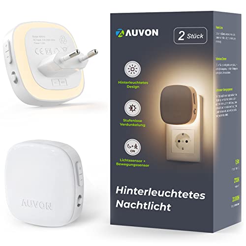 AUVON Luz noturna infantil, luzes noturnas de corredor de tomada com sensor de movimento e sensor de crepúsculo, 2 peças luz LED de cor âmbar ajustável de 1-50 lm, escada, quarto, cozinha, casa de