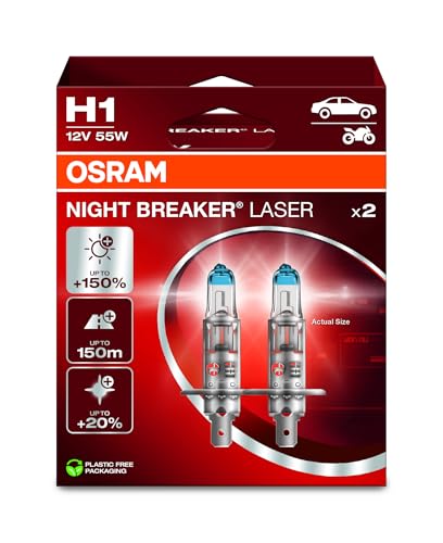 OSRAM NIGHT BREAKER LASER H1, +150% mais brilho, lâmpada de farol halogéneo, 64150NL-2HB, 12 V, caixa dobrável pendente (2 lâmpadas)