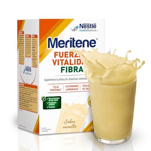 Meritene Força e vitalidade em fibra | sabor de baunilha, força para os seus músculos, qualidade para si, solução nutricional para adultos com fibra, proteínas, vitaminas e minerais, 14 envelopes |