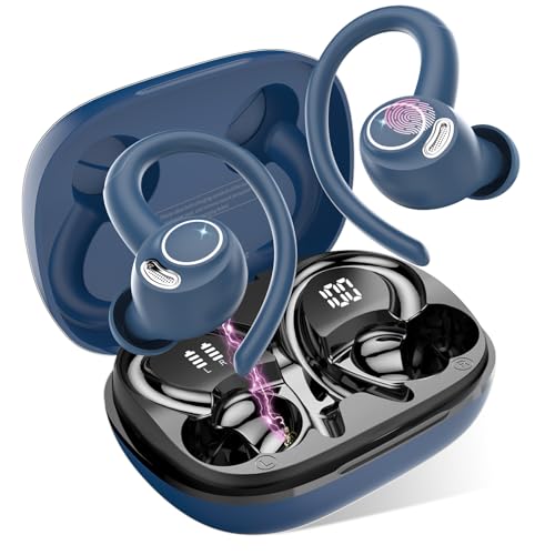 Jesebang Auriculares sem fios desportivos, auriculares Bluetooth 5.3 com microfone HD, som premium, reprodução 40H, ecrã LED, confortáveis de usar, capacetes sem fios com gancho, azul