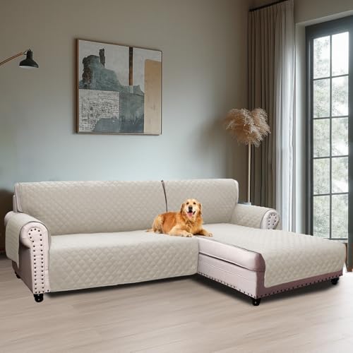 BellaHills Capa para sofá Chaise Longue 3 lugares, capa sofá Chaise longo acolchoado braço direito forma de L 247 cm, antimanchas, laváveis, branco níveo