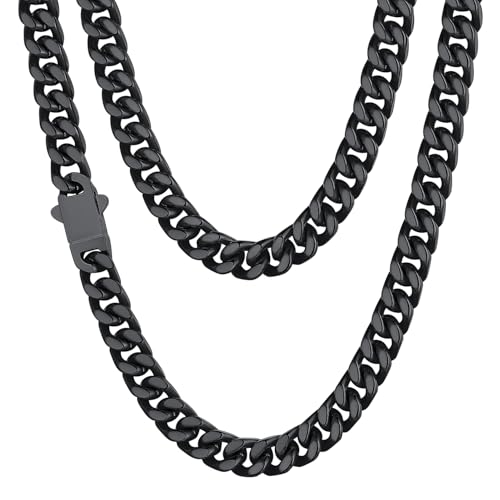 ChainsHouse Colares de corrente barbadas fecho de segurança oculto, colar unissexo 5/7/9/12 mm largura 46/51/55/61/66/71/76 cm comprimento aço inoxidável