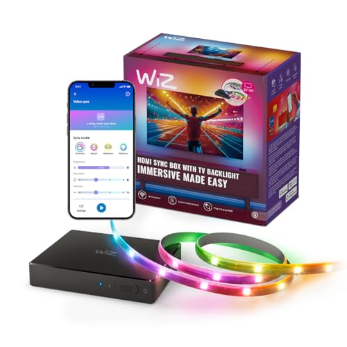 WiZ HDMI Sync Box com retroiluminação de TV - Sincronize a luz com os seus filmes, jogos e música. Suporta 4K a 60Hz, faixa LED RGBIC para televisores de 55-65 - Controlo de aplicação/voz
