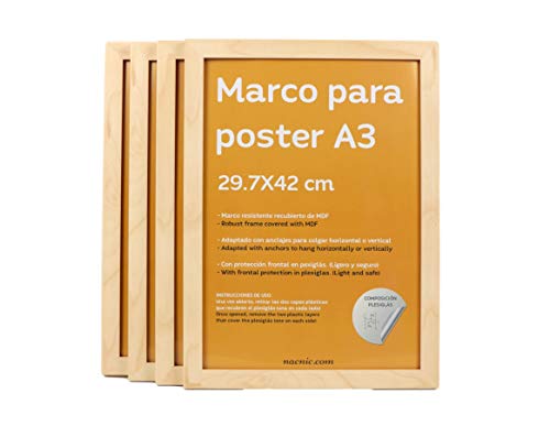 Nacnic - Conjunto de 4 molduras de madeira MDF e vidro acrílico | proteção e expositor de fotos, chapas, posteres, quadros e decoração para sala de estar, quarto ou escritório, A3 (29,7 x 42 cm)