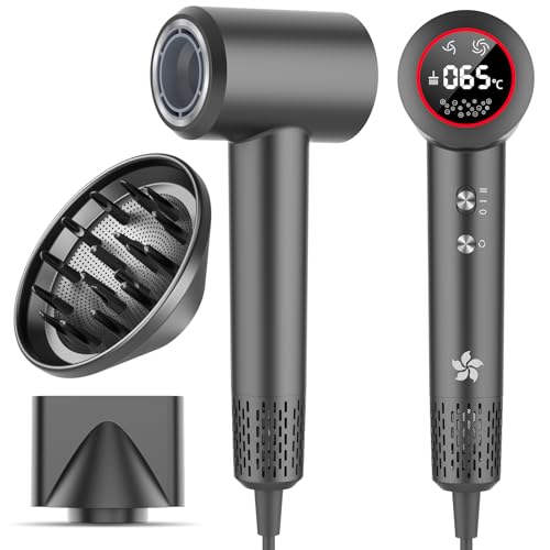 Secador de cabelo profissional com difusor, 400 milhões de plasma, motor sem escovas de 110.000 rpm, 5 x secagem rápida, LED Display Hair Dryer, 57 dB de baixo ruído secador de cabelo iónico para