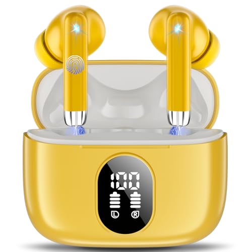 QXQ Auriculares Bluetooth 5.4, 2025 novos auriculares sem fios Hi-Fi estéreo com 4 ENC microfones, 40 horas mini capacetes sem fios Bluetooth com ecrã, auriculares amarelos para Android iOS