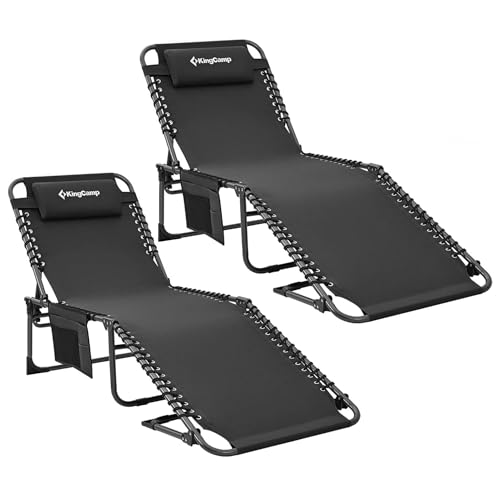 KingCamp Conjunto de 2 espreguiçadeiras dobrável para exterior, espreguiçadeira, jardim, encosto ajustável em 5 posições, cadeira de jardim, espreguiçadeira de praia, cama de campismo com almofada