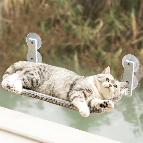 Cama para gatos janela - Rede de janela de gato dobrável, 4 ventosas e almofada removível suporta 18 kg