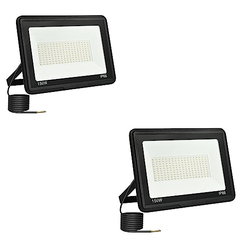 Projetor LED para exterior, projetor LED de 150 W, 15000 LM holofotes LED exteriores, 6500 K, branco frio, impermeável, IP66, projetores LED exteriores, para garagem, jardim, pátio, parque, 2 unidades