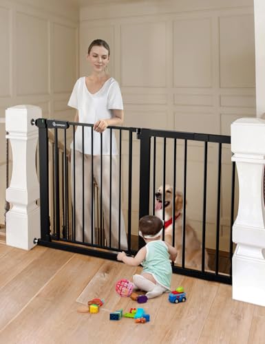 COMOMY 75-131 cm Porta para cães, extra largura barreira de segurança crianças escadas, cerca de segurança infantil com sinal vermelho/verde, sem orifícios, fecho automático, (76 cm H, preto)