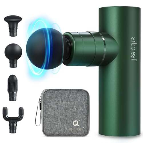 arboleaf Mini pistola de massagem muscular com estojo, massajador muscular elétrico 5 velocidades 4 cabeças de silicone, massagem gun, 3200 rpm baixo ruído, 2000 mAhx2 baterias carregamento tipo-C
