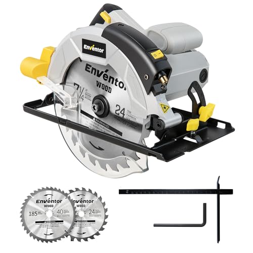 Enventor Serra circular de 1200 W, serra circular manual 5800 RPM, 2 lâminas de serra de 24 T + 40 T (Ø 185 mm), corte 62 mm (90 °)/42 mm), guia a laser, para cortar madeira, metal branco, Plástico