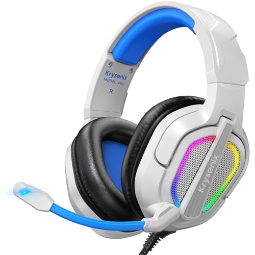 Krysenix PG2 Auriculares Gaming para PS4, PS5, PC, Xbox, Nintendo Switch, capacetes com som de microfone estéreo IA, capacetes com conector de 3,5 mm e luz RGB, branco/azul