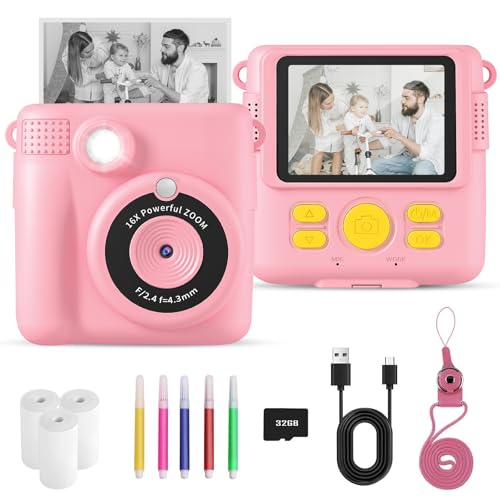 Câmara com fotos infantis instantâneas, 24 MP 1080P HD câmara de fotos instantânea, 2,4 polegadas câmara instantânea crianças com cartão de 32 GB e papel fotográfico, brinquedo presente para crianças