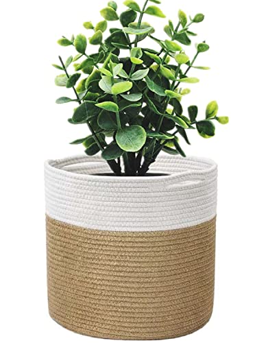 KMERCE - Vaso para plantas de corda de algodão, para decoração de interiores, cesta de armazenamento para brinquedos, roupas, 30 cm de diâmetro, amarelo e branco
