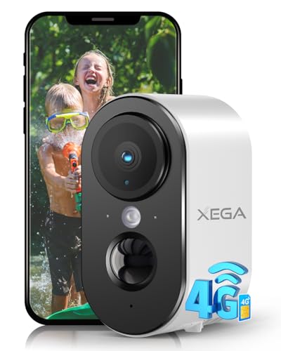 Xega 4G LTE Câmara de vigilância com cartão SIM interior, 2K HD LTE câmara de segurança portátil sem Wi-Fi, bateria 6000 mAh, deteção de movimento PIR, visão noturna de cor, IP65